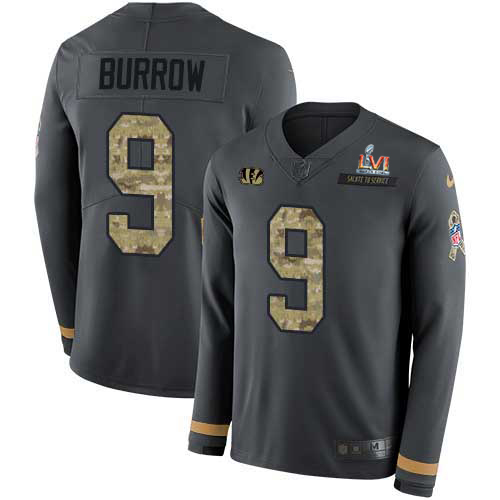 Bengals #9 Joe Burrow Anthracite Super Bowl LVI Patch Salute To Service Men's Stitched Limited Therma Long Sleeve Jersey cheap jerseys for sale - CheapJerseys.Shop