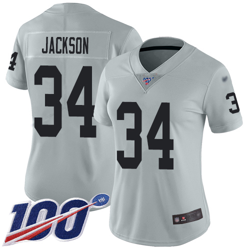 Raiders #34 Bo Jackson Silver Women's Stitched Limited Inverted Legend 100th Season Jersey cheap jerseys for sale - CheapJerseys.Shop