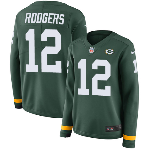 Packers #12 Aaron Rodgers Green Team Color Women's Stitched Limited Therma Long Sleeve Jersey cheap jerseys for sale - CheapJerseys.Shop