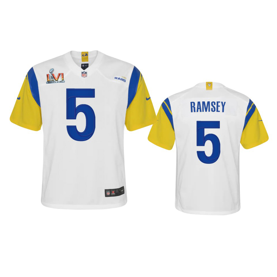Los Angeles Rams #5 Jalen Ramsey Youth Super Bowl LVI Patch Alternate Game Jersey - White cheap jerseys for sale - CheapJerseys.Shop