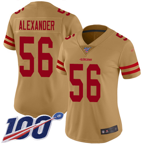San Francisco 49ers #56 Kwon Alexander Gold Women's Stitched Limited Inverted Legend 100th Season Jersey Womens cheap jerseys for sale - CheapJerseys.Shop