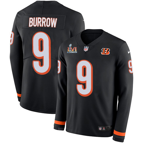 Bengals #9 Joe Burrow Black Team Color Super Bowl LVI Patch Men's Stitched Limited Therma Long Sleeve Jersey cheap jerseys for sale - CheapJerseys.Shop