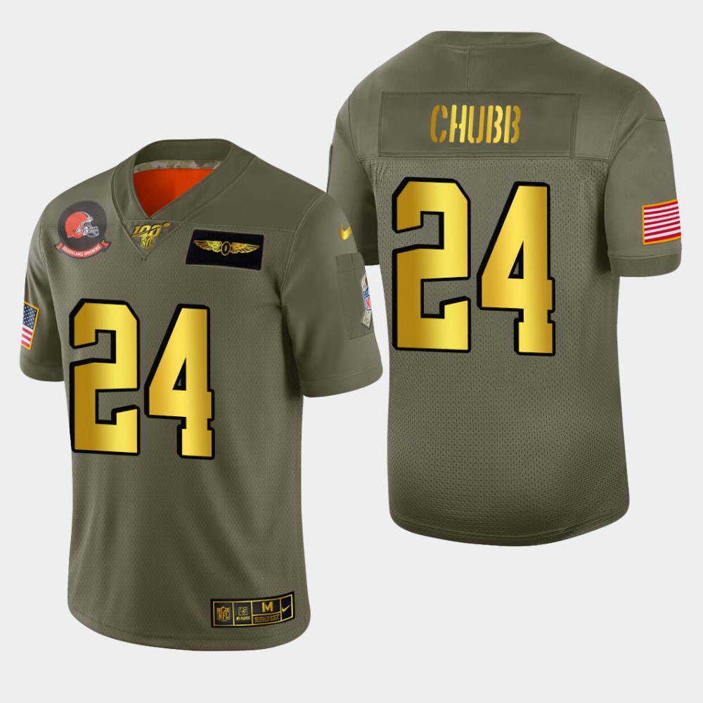 Browns #24 Nick Chubb Men's Olive Gold 2019 Salute To Service 100 Limited Jersey cheap jerseys for sale - CheapJerseys.Shop