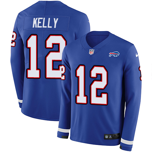Bills #12 Jim Kelly Royal Blue Team Color Men's Stitched Limited Therma Long Sleeve Jersey cheap jerseys for sale - CheapJerseys.Shop