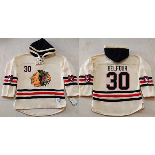 Chicago Blackhawks #30 ED Belfour Cream Heavyweight Pullover Hoodie Stitched Jersey Men's cheap jerseys for sale - CheapJerseys.Shop