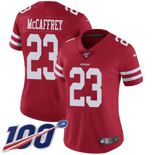 49ers #23 Christian McCaffrey Red Team Color Women's Stitched 100th Season Vapor Limited Jersey cheap jerseys for sale - CheapJerseys.Shop