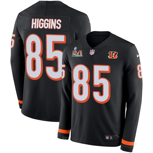 Bengals #85 Tee Higgins Black Team Color Super Bowl LVI Patch Men's Stitched Limited Therma Long Sleeve Jersey cheap jerseys for sale - CheapJerseys.Shop