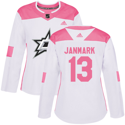 Dallas Stars #13 Mattias Janmark White/Pink Authentic Fashion Women's Stitched Jersey Womens cheap jerseys for sale - CheapJerseys.Shop