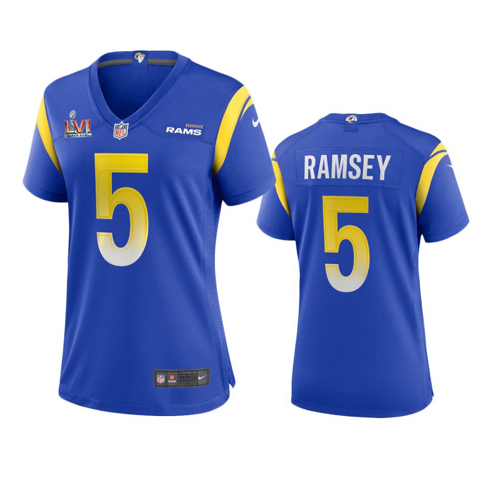 Los Angeles Rams #5 Jalen Ramsey Women's Super Bowl LVI Patch Game Jersey - Royal cheap jerseys for sale - CheapJerseys.Shop
