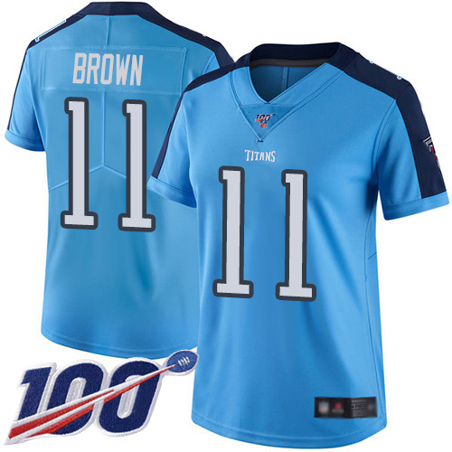 Tennessee Titans #11 A.J. Brown Light Blue Women's Stitched Limited Rush 100th Season Jersey Womens cheap jerseys for sale - CheapJerseys.Shop