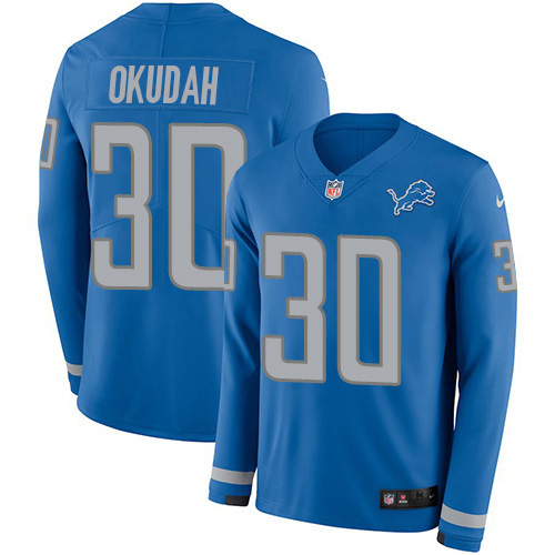 Detroit Lions #30 Jeff Okudah Blue Team Color Men's Stitched Limited Therma Long Sleeve Jersey Men's cheap jerseys for sale - CheapJerseys.Shop