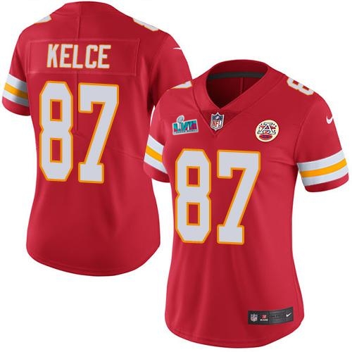 Chiefs #87 Travis Kelce Red Team Color Super Bowl LVII Patch Women's Stitched Vapor Untouchable Limited Jersey cheap jerseys for sale - CheapJerseys.Shop