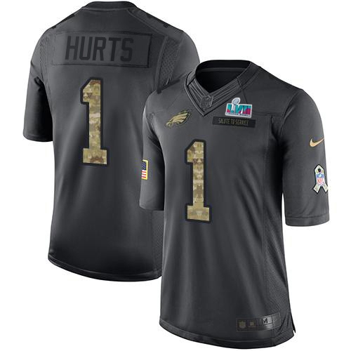 Eagles #1 Jalen Hurts Black Super Bowl LVII Patch Men's Stitched Limited 2016 Salute To Service Jersey cheap jerseys for sale - CheapJerseys.Shop