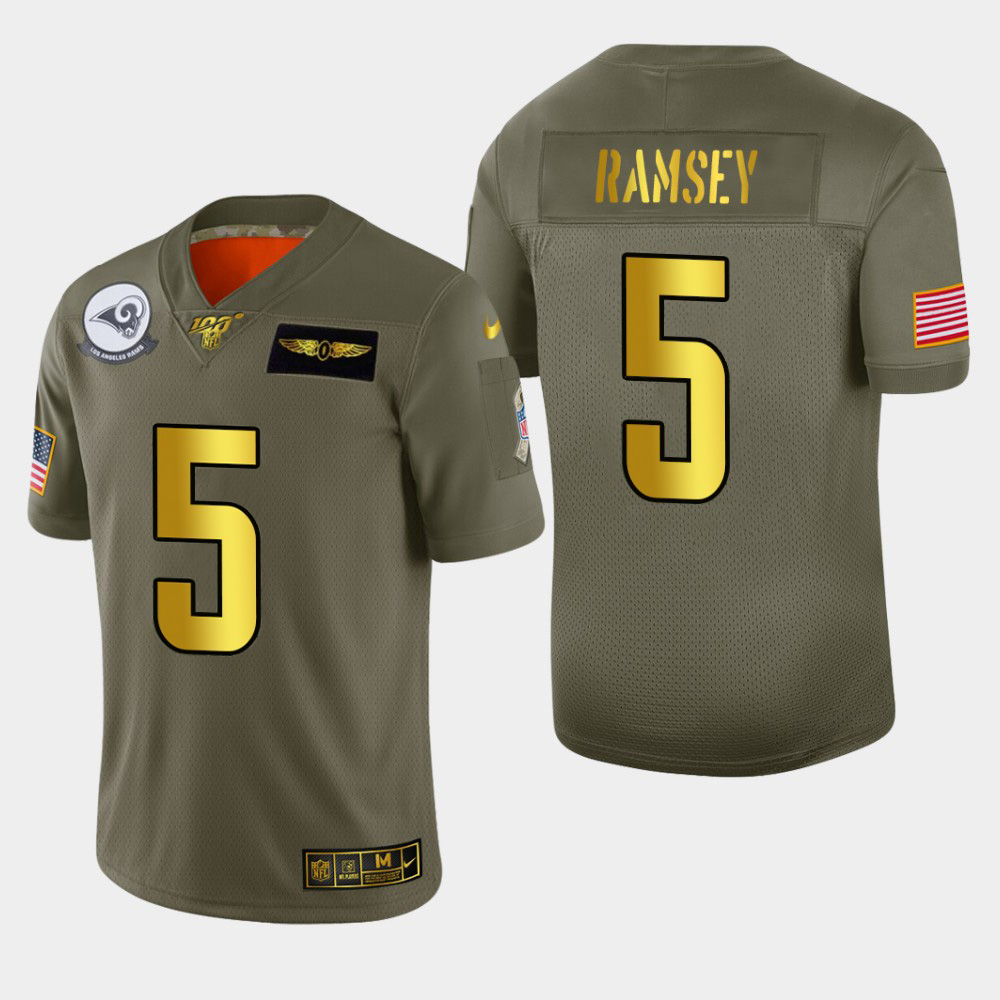 Rams #5 Jalen Ramsey Men's Olive Gold 2019 Salute To Service 100 Limited Jersey cheap jerseys for sale - CheapJerseys.Shop