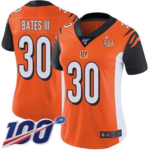 Bengals #30 Jessie Bates Orange Super Bowl LVI Patch Alternate Women's Stitched 100th Season Vapor Untouchable Limited Jersey cheap jerseys for sale - CheapJerseys.Shop