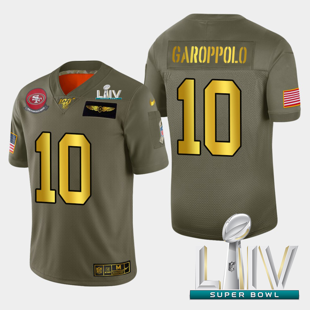 49ers #10 Jimmy Garoppolo Men's Olive Gold Super Bowl LIV 2020 2019 Salute To Service 100 Limited Jersey cheap jerseys for sale - CheapJerseys.Shop