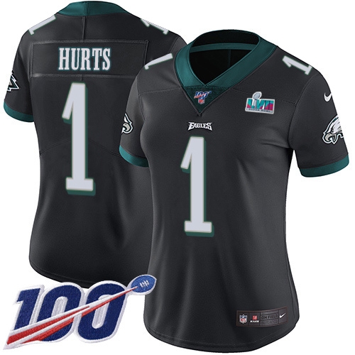 Eagles #1 Jalen Hurts Black Super Bowl LVII Patch Alternate Women's Stitched 100th Season Vapor Limited Jersey cheap jerseys for sale - CheapJerseys.Shop
