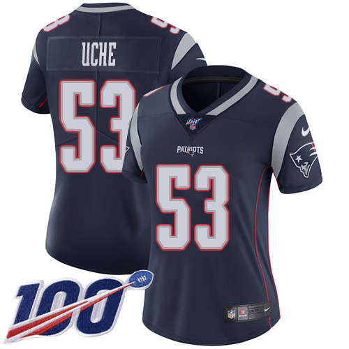 New England Patriots #53 Josh Uche Navy Blue Team Color Women's Stitched 100th Season Vapor Untouchable Limited Jersey Womens cheap jerseys for sale - CheapJerseys.Shop