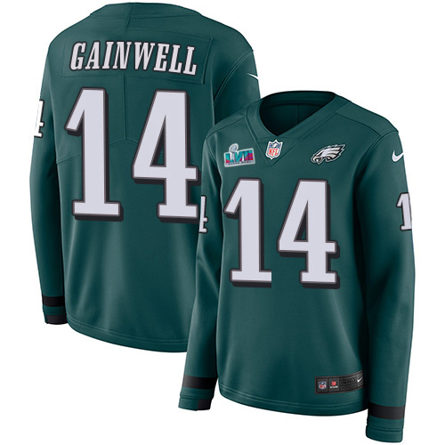 Eagles #14 Kenneth Gainwell Green Team Color Super Bowl LVII Patch Women's Stitched Limited Therma Long Sleeve Jersey cheap jerseys for sale - CheapJerseys.Shop