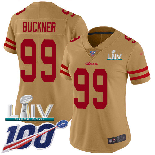 San Francisco 49ers #99 DeForest Buckner Gold Super Bowl LIV 2020 Women's Stitched Limited Inverted Legend 100th Season Jersey Womens cheap jerseys for sale - CheapJerseys.Shop