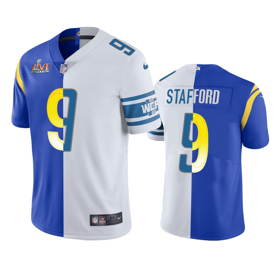 Los Angeles Rams #9 Matthew Stafford Men's Super Bowl LVI Patch Royal White Split Game Limited Jersey cheap jerseys for sale - CheapJerseys.Shop