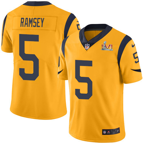 Rams #5 Jalen Ramsey Gold Super Bowl LVI Patch Men's Stitched Limited Rush Jersey cheap jerseys for sale - CheapJerseys.Shop