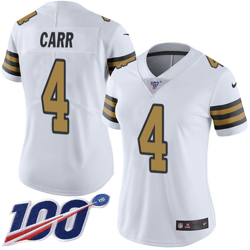 Saints #4 Derek Carr White Women's Stitched Limited Rush 100th Season Jersey cheap jerseys for sale - CheapJerseys.Shop