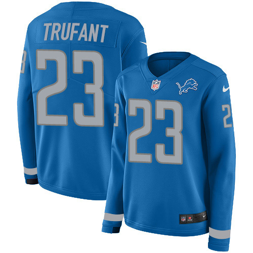 Detroit Lions #23 Desmond Trufant Blue Team Color Women's Stitched Limited Therma Long Sleeve Jersey Womens cheap jerseys for sale - CheapJerseys.Shop