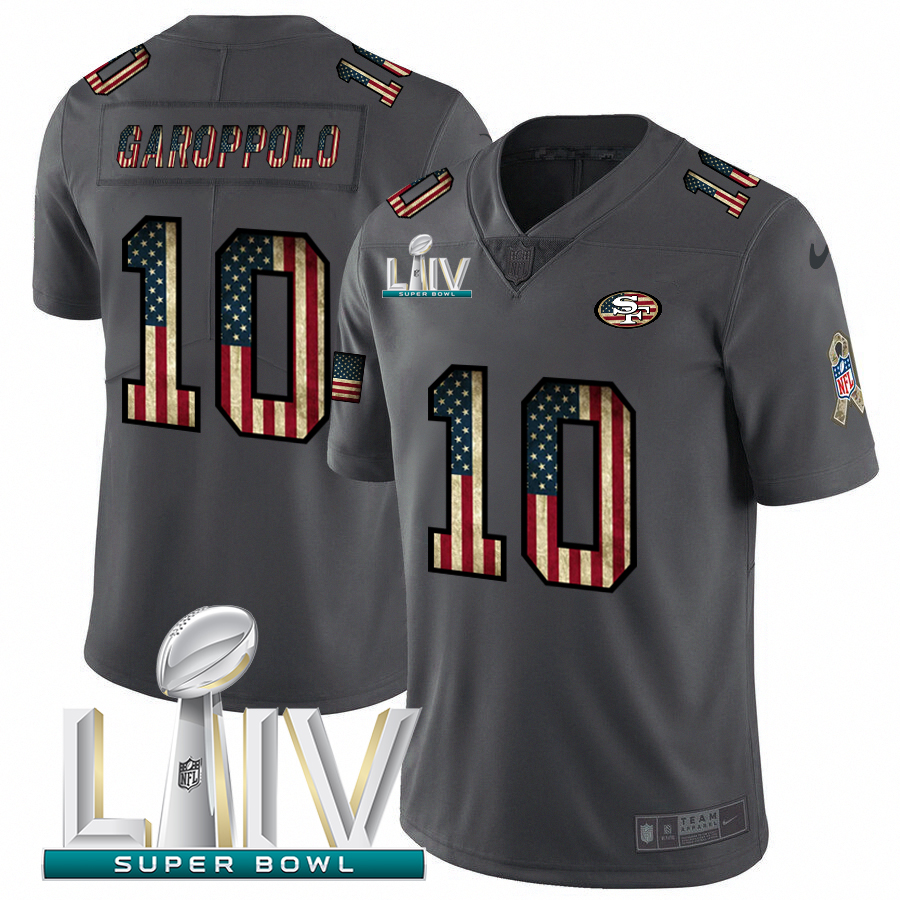 San Francisco 49ers #10 Jimmy Garoppolo Black Super Bowl LIV 2020 2018 Salute To Service Retro USA Flag Limited Jersey cheap jerseys for sale - CheapJerseys.Shop