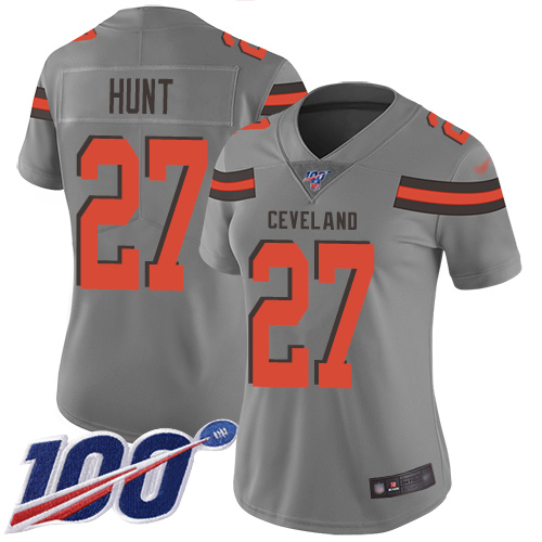 Cleveland Browns #27 Kareem Hunt Gray Women's Stitched Limited Inverted Legend 100th Season Jersey Womens cheap jerseys for sale - CheapJerseys.Shop