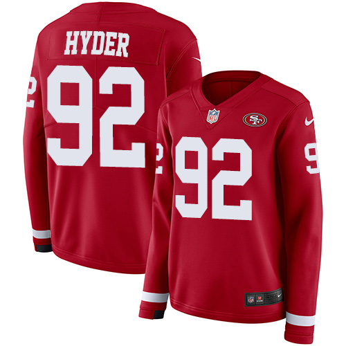San Francisco 49ers #92 Kerry Hyder Red Team Color Women's Stitched Limited Therma Long Sleeve Jersey Womens cheap jerseys for sale - CheapJerseys.Shop