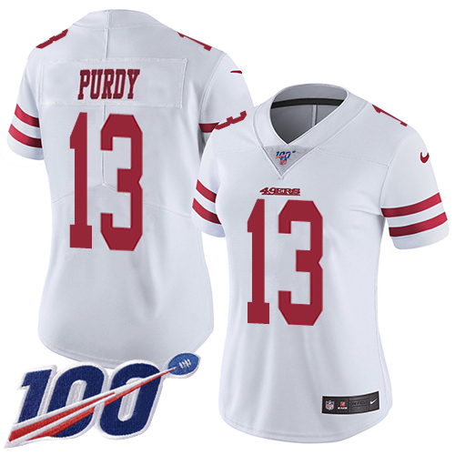 49ers #13 Brock Purdy White Women's Stitched 100th Season Vapor Limited Jersey cheap jerseys for sale - CheapJerseys.Shop