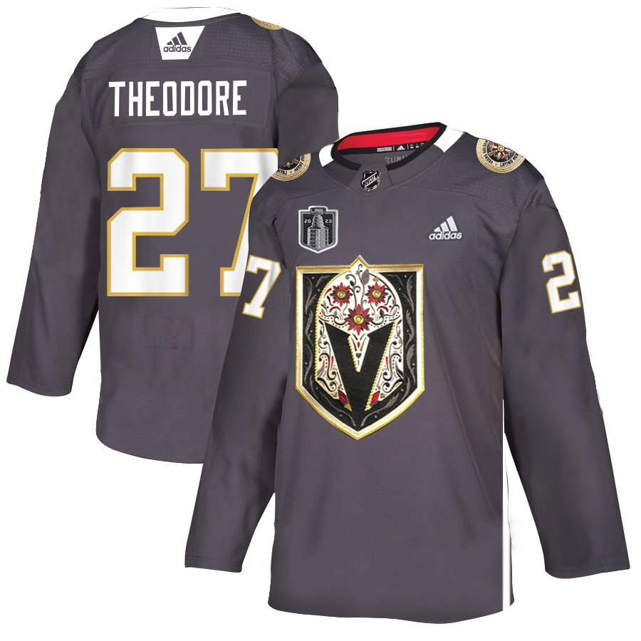 Vegas Golden Knights #27 Shea Theodore Men's Grey 2023 Stanley Cup Final Patch Latino Heritage Night Stitched Jersey cheap jerseys for sale - CheapJerseys.Shop