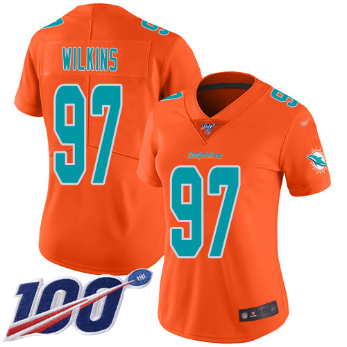 Miami Dolphins #97 Christian Wilkins Orange Women's Stitched Limited Inverted Legend 100th Season Jersey Womens cheap jerseys for sale - CheapJerseys.Shop