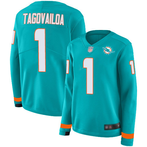 Dolphins #1 Tua Tagovailoa Aqua Green Team Color Women's Stitched Limited Therma Long Sleeve Jersey cheap jerseys for sale - CheapJerseys.Shop