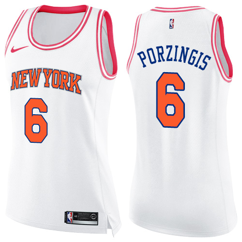 New York Knicks #6 Kristaps Porzingis White/Pink Womens Swingman Fashion Jersey Womens cheap jerseys for sale - CheapJerseys.Shop