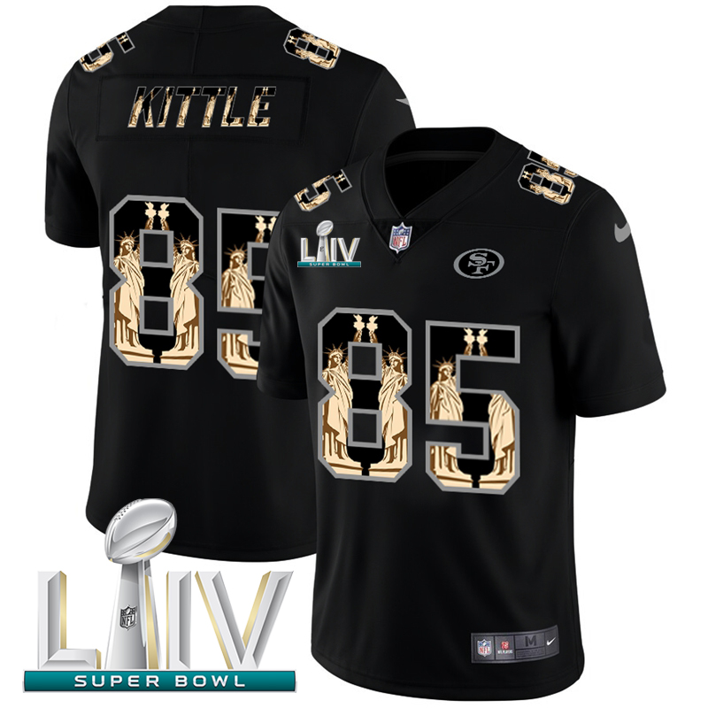 San Francisco 49ers #85 George Kittle Carbon Black Super Bowl LIV 2020 Vapor Statue Of Liberty Limited Jersey cheap jerseys for sale - CheapJerseys.Shop