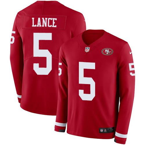 San Francisco 49ers #5 Trey Lance Red Team Color Youth Stitched Limited Therma Long Sleeve Jersey cheap jerseys for sale - CheapJerseys.Shop