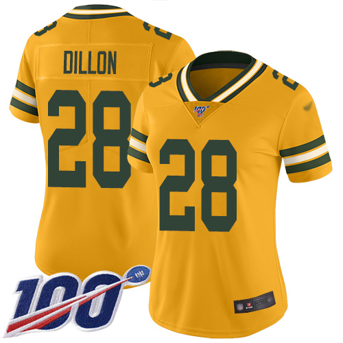 Packers #28 AJ Dillon Gold Women's Stitched Limited Inverted Legend 100th Season Jersey cheap jerseys for sale - CheapJerseys.Shop