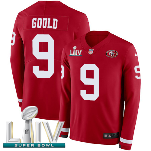 San Francisco 49ers #9 Robbie Gould Red Super Bowl LIV 2020 Team Color Youth Stitched Limited Therma Long Sleeve Jersey Youth cheap jerseys for sale - CheapJerseys.Shop