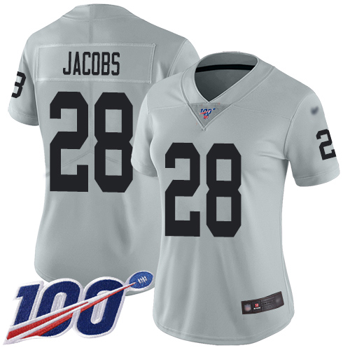 Raiders #28 Josh Jacobs Silver Women's Stitched Limited Inverted Legend 100th Season Jersey cheap jerseys for sale - CheapJerseys.Shop