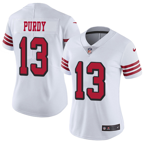 49ers #13 Brock Purdy White Rush Women's Stitched Vapor Untouchable Limited Jersey cheap jerseys for sale - CheapJerseys.Shop