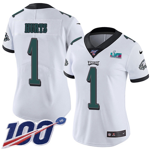 Eagles #1 Jalen Hurts White Super Bowl LVII Patch Women's Stitched 100th Season Vapor Limited Jersey cheap jerseys for sale - CheapJerseys.Shop