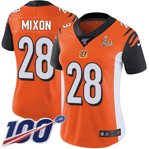 Bengals #28 Joe Mixon Orange Super Bowl LVI Patch Alternate Women's Stitched 100th Season Vapor Untouchable Limited Jersey cheap jerseys for sale - CheapJerseys.Shop