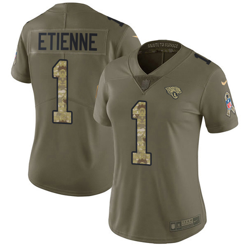 Jaguars #1 Travis Etienne Olive/Camo Women's Stitched Limited 2017 Salute To Service Jersey cheap jerseys for sale - CheapJerseys.Shop
