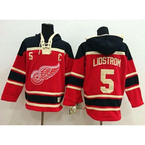 Detroit Red Wings #5 Nicklas Lidstrom Red Sawyer Hooded Sweatshirt Stitched Jersey Men's cheap jerseys for sale - CheapJerseys.Shop