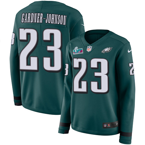 Eagles #23 C.J. Gardner-Johnson Green Team Color Super Bowl LVII Patch Women's Stitched Limited Therma Long Sleeve Jersey cheap jerseys for sale - CheapJerseys.Shop