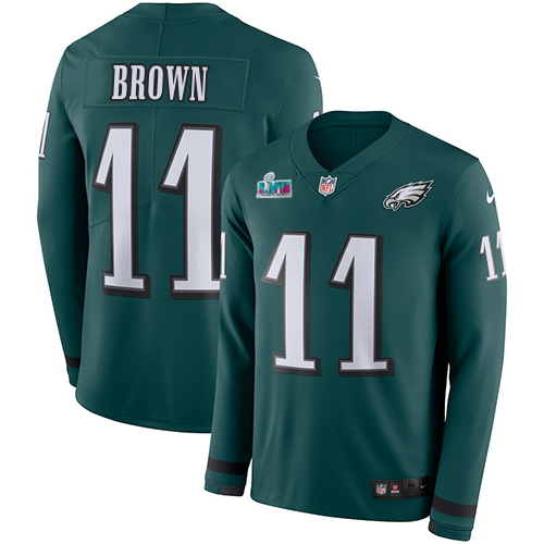 Eagles #11 A.J. Brown Green Team Color Super Bowl LVII Patch Youth Stitched Limited Therma Long Sleeve Jersey cheap jerseys for sale - CheapJerseys.Shop