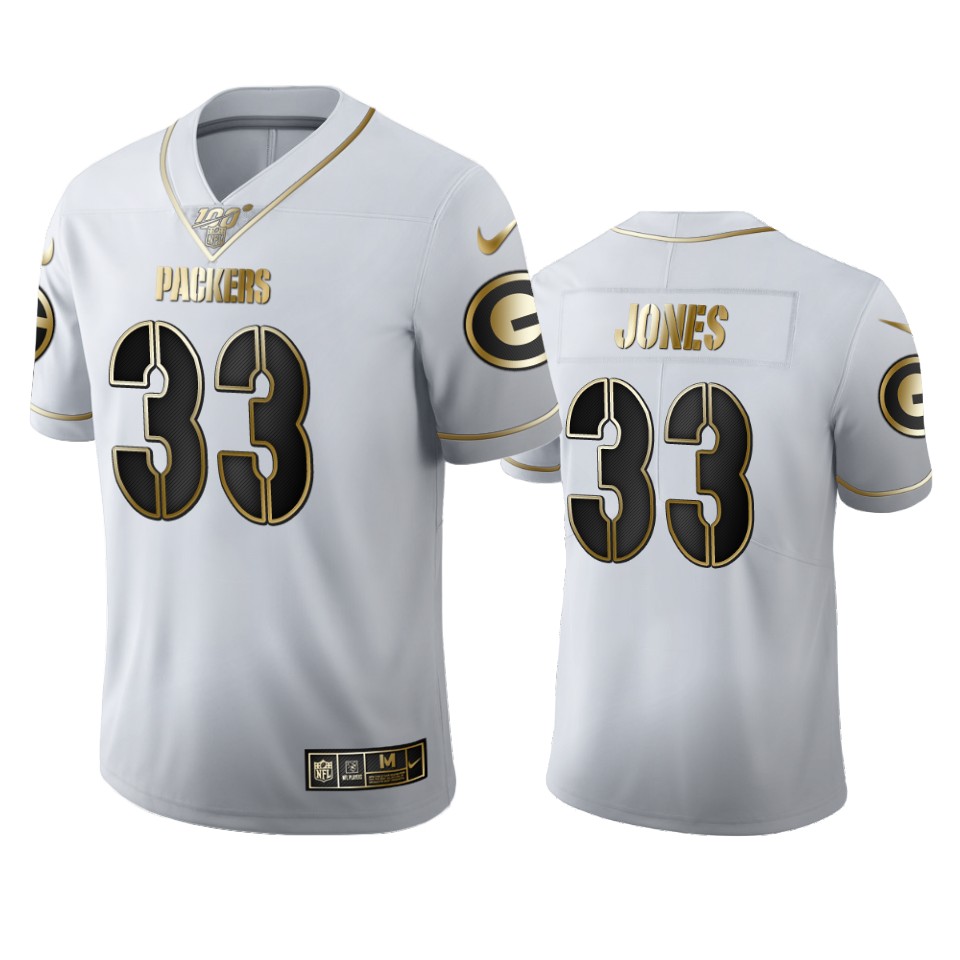 Green Bay Packers #33 Aaron Jones Men's White Golden Edition Vapor Limited 100 Jersey cheap jerseys for sale - CheapJerseys.Shop