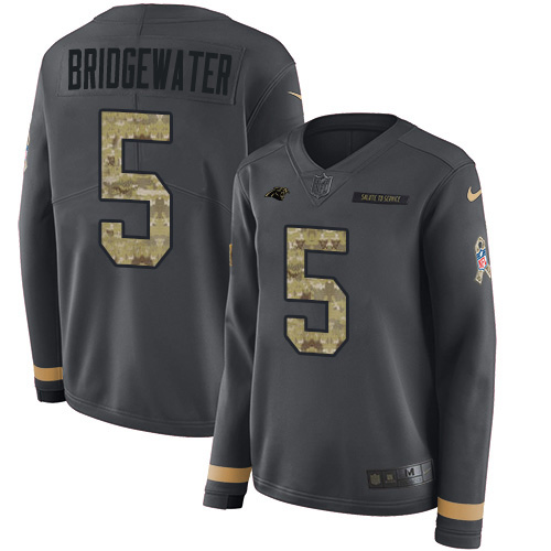 Carolina Panthers #5 Teddy Bridgewater Anthracite Salute to Service Women's Stitched Limited Therma Long Sleeve Jersey Womens cheap jerseys for sale - CheapJerseys.Shop
